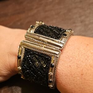 Vintage Black and Silver Beaded Bracelet Cuff Metal Hinged